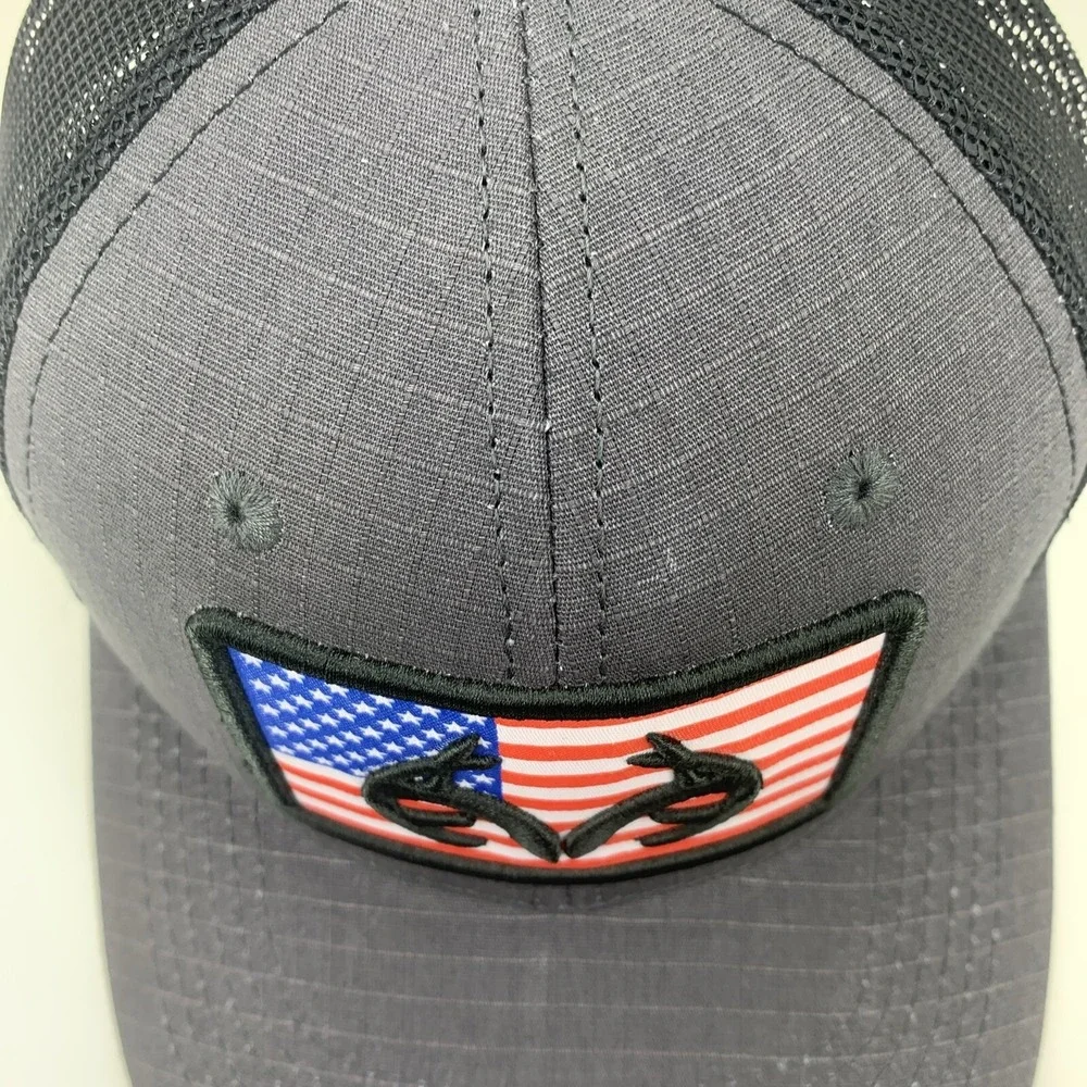 Realtree US Flag Hat Gray Adjustable Snapback Black Mesh Outdoor Cap Antler Logo
